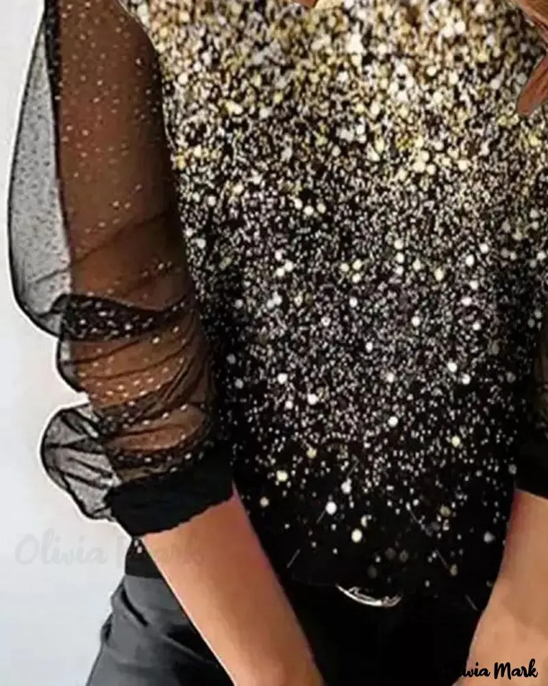 Xieyinshe - Contrast Mesh Long Sleeve Printed Top
