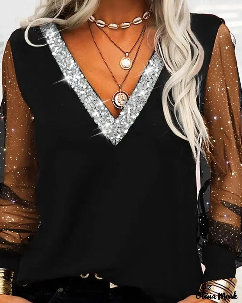 Xieyinshe - Contrast Mesh Long Sleeve Top