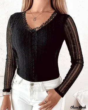 Xieyinshe - Long Sleeve Fleece Lined Lace Top