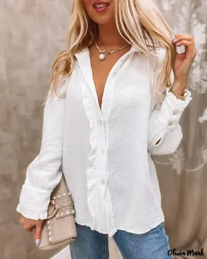Xieyinshe - Long Sleeve Ruffle Hem Button Down Shirt
