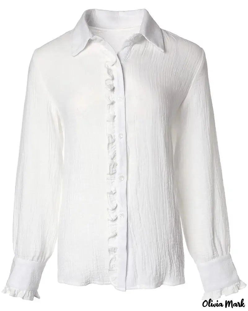 Xieyinshe - Long Sleeve Ruffle Hem Button Down Shirt