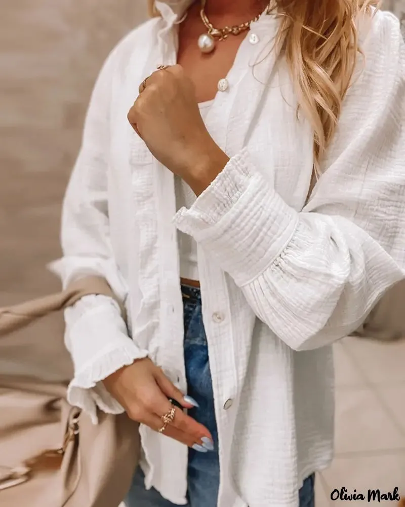 Xieyinshe - Long Sleeve Ruffle Hem Button Down Shirt