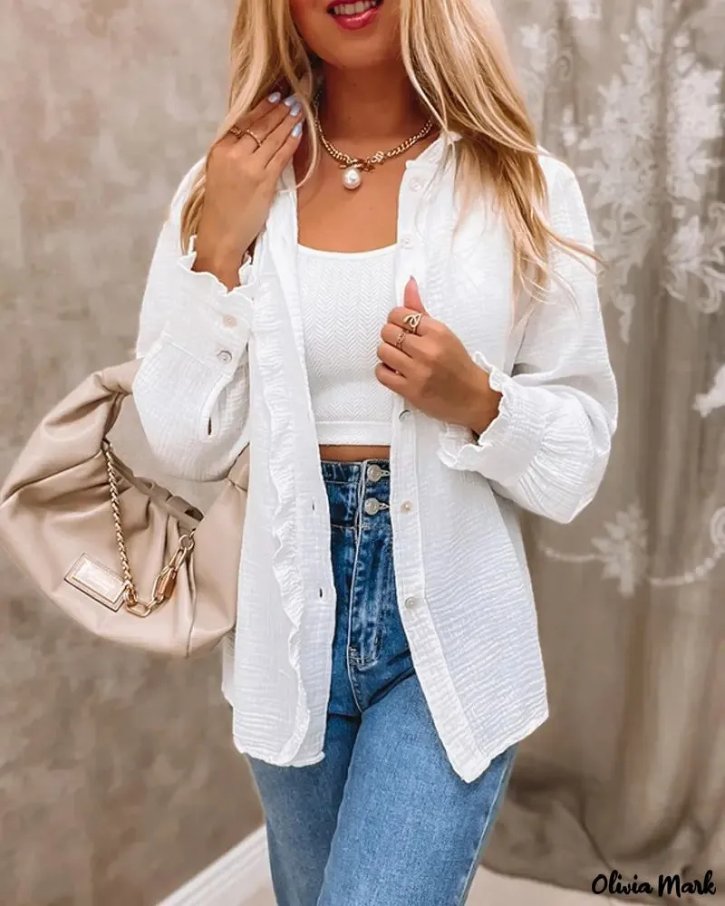 Xieyinshe - Long Sleeve Ruffle Hem Button Down Shirt