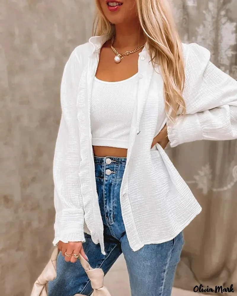 Xieyinshe - Long Sleeve Ruffle Hem Button Down Shirt