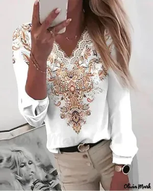 Xieyinshe - Tribal Print Contrast Lace Long Sleeve Top