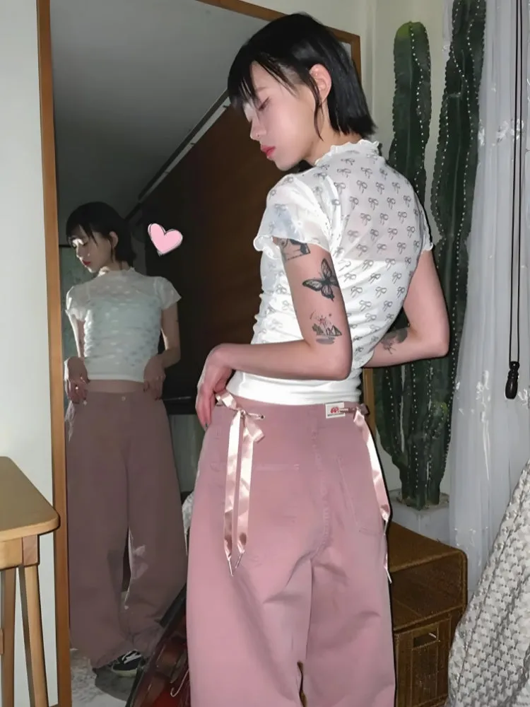 Y2K Bow Sheer Mesh Top