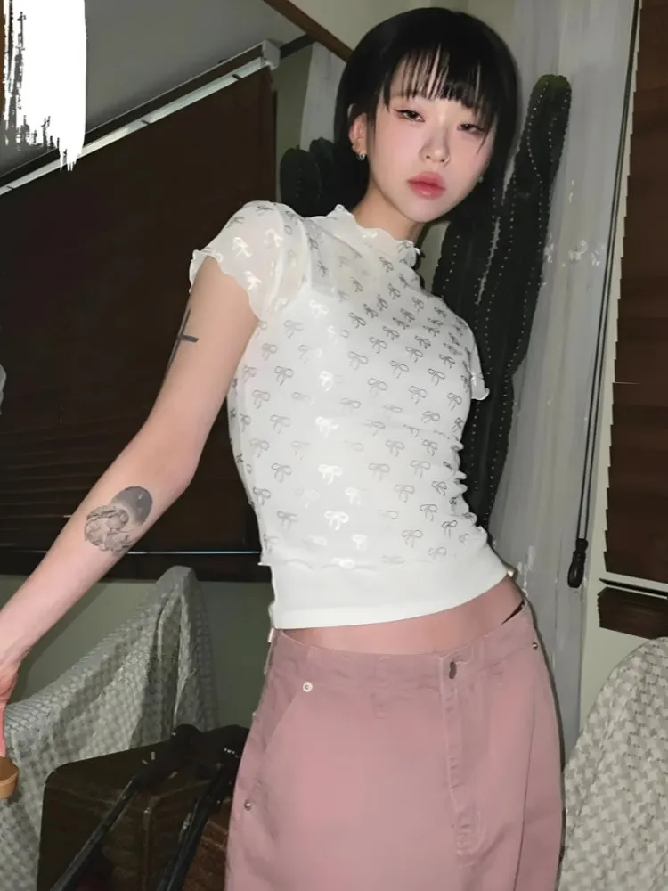 Y2K Bow Sheer Mesh Top
