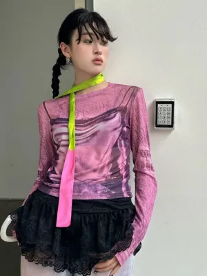 Y2K Mesh Sheer Printed Top