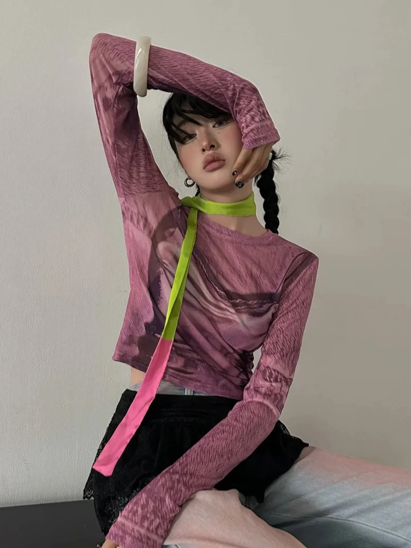 Y2K Mesh Sheer Printed Top