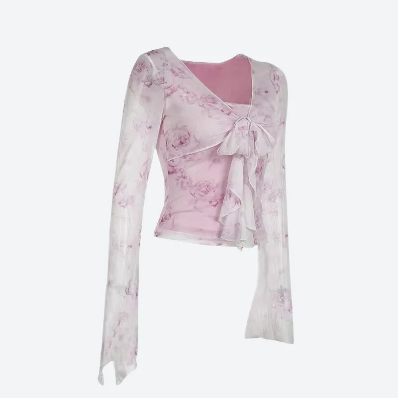 Y2K Pink Rose Mesh Top