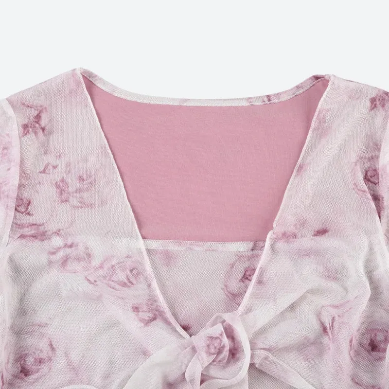 Y2K Pink Rose Mesh Top
