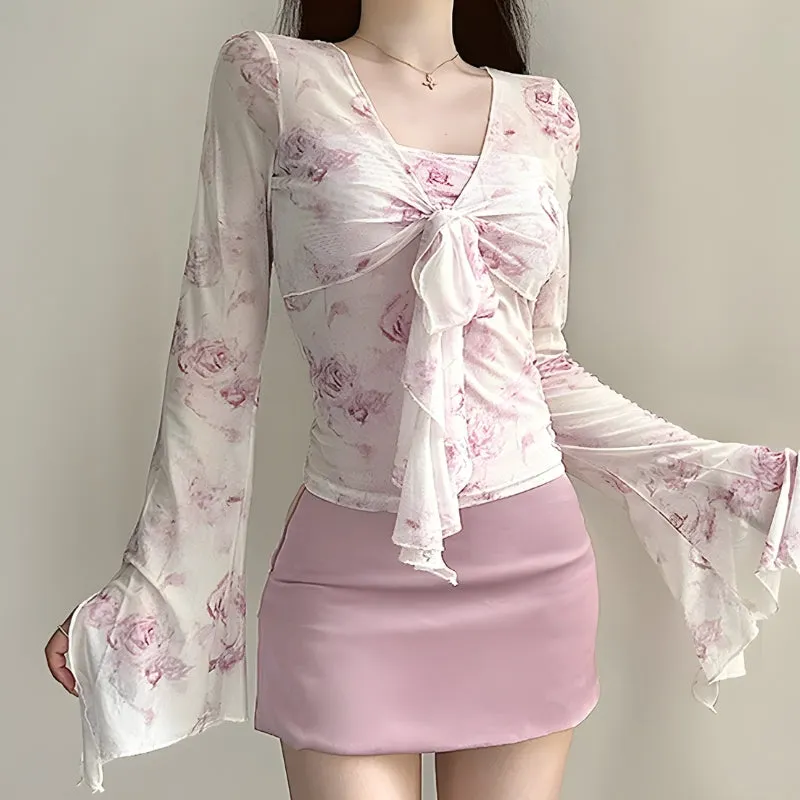 Y2K Pink Rose Mesh Top