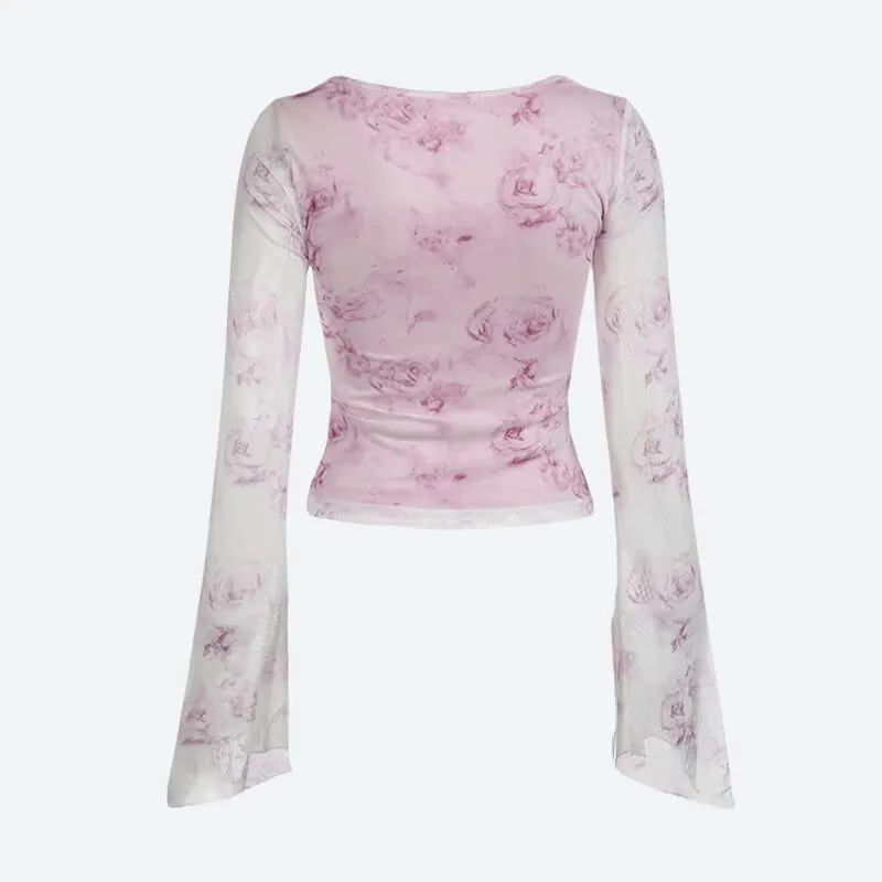 Y2K Pink Rose Mesh Top