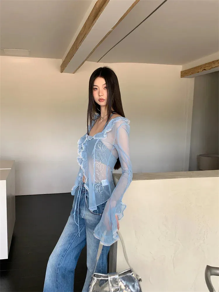 Y2K Ruffled Sheer Blouse