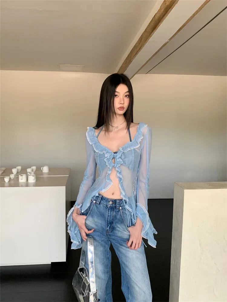 Y2K Ruffled Sheer Blouse