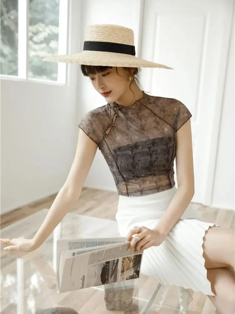 Y2K Sheer Qipao Top